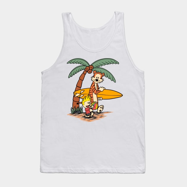 Calvin and Hobbes Surfing Board Tank Top by soggyfroggie